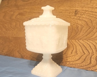 Vintage Pedestal Milk Glass Candy Dish with Lid - Embossed Grape Design