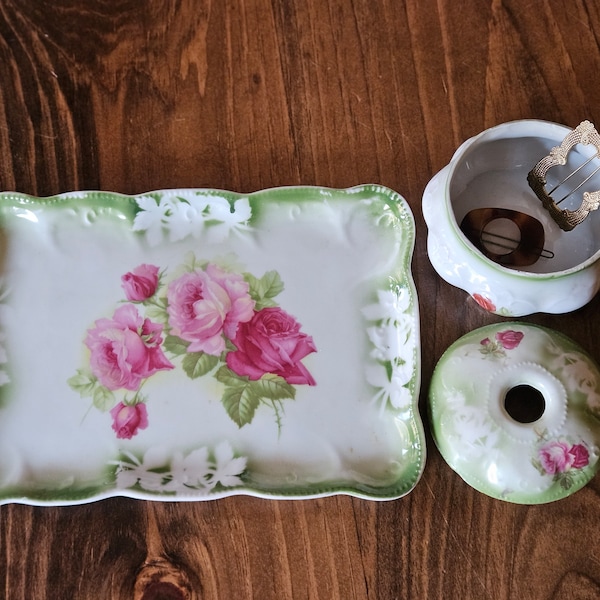 Porcelain Vanity Tray and Hair Receiver Dish Set with Delicate Roses and Green Trim