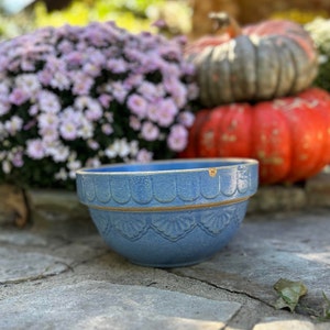 Antique Blue Glazed Stoneware Crock with Scalloped Fan or Shell Pattern Mixing Bowl - Drape Rounded Shapes