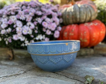 Antique Blue Glazed Stoneware Crock with Scalloped Fan or Shell Pattern Mixing Bowl - Drape Rounded Shapes