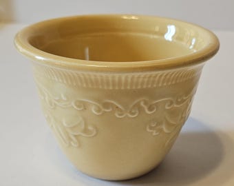 Vintage Yellow Custard Cup - Embossed Floral Stoneware - Genuine Oven Serve Ware - Made in USA - Single Serving Dish
