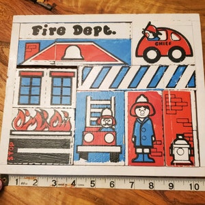 Vintage Fire House Wooden Puzzle - Fire Station - Fireman - 1968 - Wood Tray Puzzle