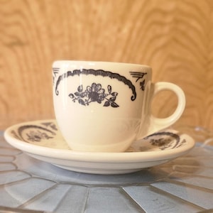 Homer Laughlin Vintage Coffee Cup and Saucer - White with Blue Scroll Design - Made in the USA - Tea Cup and Saucer