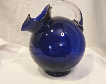 Vintage Cobalt Blue Tilt Ball Pitcher with Clear Glass Handle - Cambridge Glass Company - 1950s - Art Deco / Mid-Century Modern Glassware