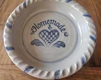 Rowe Pottery Works Pie Plate - 1997 - Blue Heart Design - Homemade Stamp - Vintage Pottery