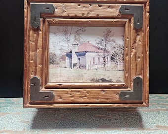 Vintage Wooden Treasure Box - Hinged Lid Frames Picture of One Room Church / Schoolhouse - Rustic Jewelry Box