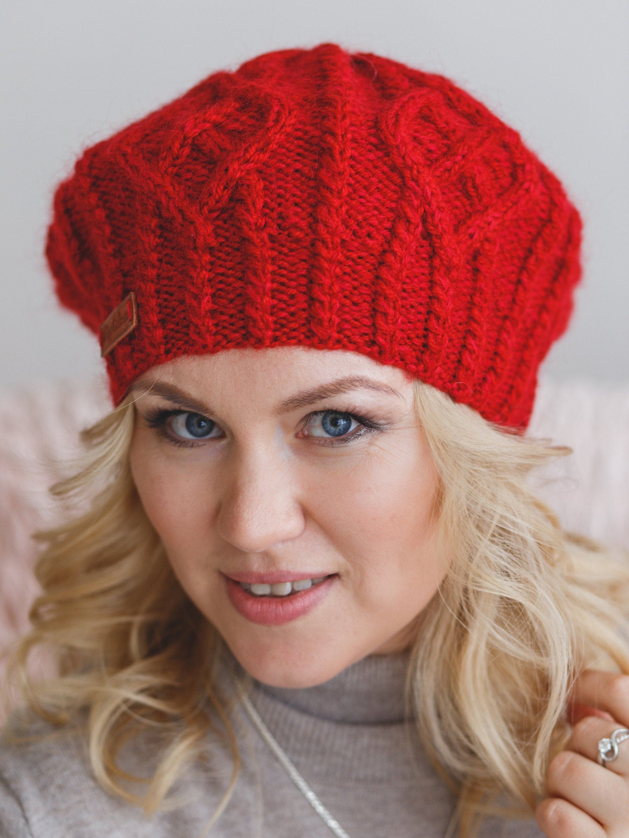 Red beret for women knit accessories Winter yarn beanie hats Etsy