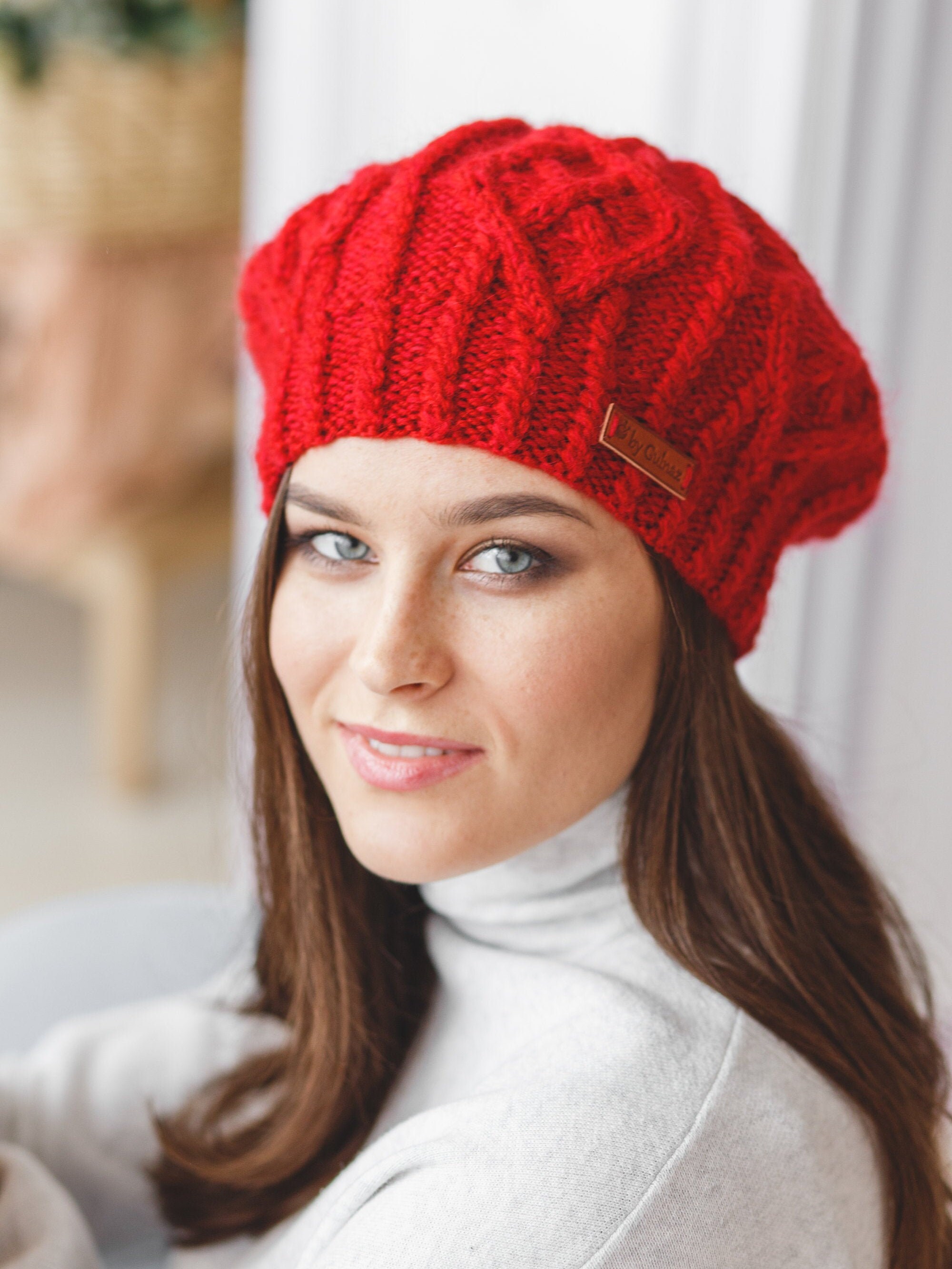 Red beret for women knit accessories Winter yarn beanie hats Etsy