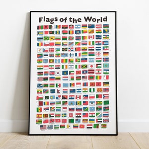 flags of the world poster | hand drawn countries flags chart | educational kids nursery printable wall art | geography travel art