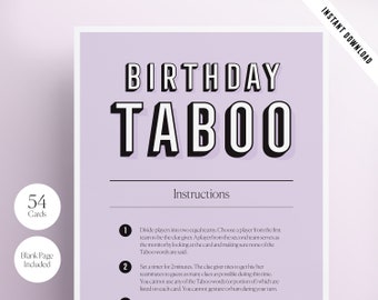 Juego imprimible tabú de cumpleaños / Juegos de fiesta de cumpleaños / ¡No lo digas! Juegos de Cumpleaños / Descarga Instantánea / Diseño Moderno / Divertido Juego de Cumpleaños