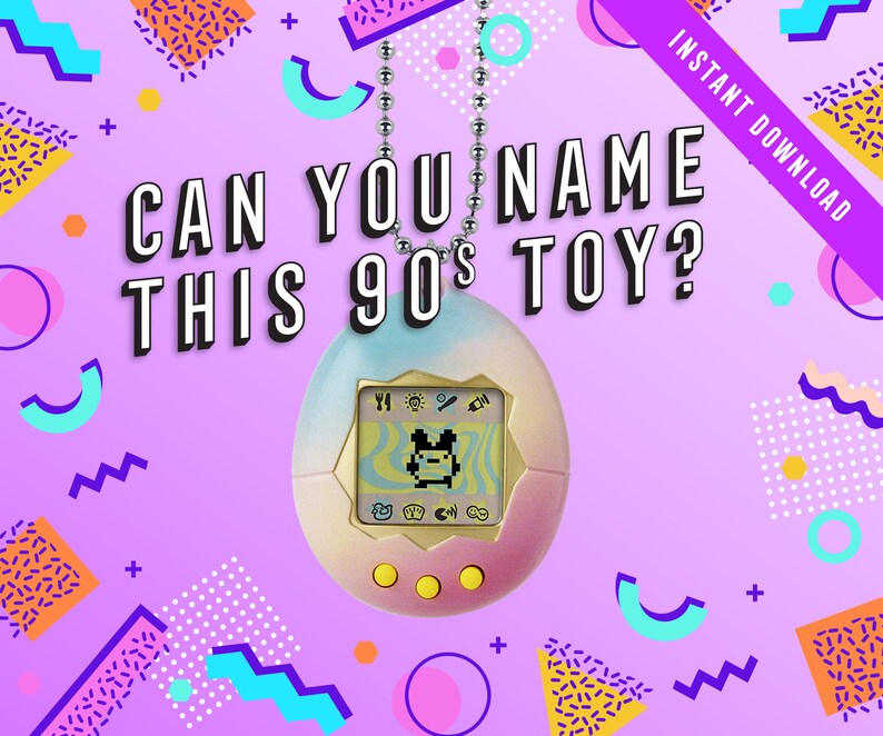 May include: A pink and blue Tamagotchi digital pet toy with a black and white pixelated image of a cartoon character on the screen. The toy is hanging from a silver chain and is surrounded by colorful 90s-style geometric shapes. The text "CAN YOU NAME THIS 90'S TOY?" is written in black letters on a pink background.