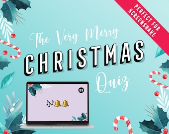 May include: A blue background with a laptop screen displaying a Christmas quiz with the text "The Very Merry Christmas Quiz" and a question with two golden bells. The text "PERFECT FOR SCREENSHARE" is in a red box in the top right corner of the image.
