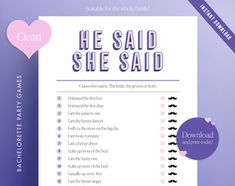 ¡Limpiar Bachelorette Él dijo, ella dijo juego, juego de despedida de soltera! ¡Juego de novia o novio imprimible! Juego divertido de despedida de soltera PDF Descarga instantánea