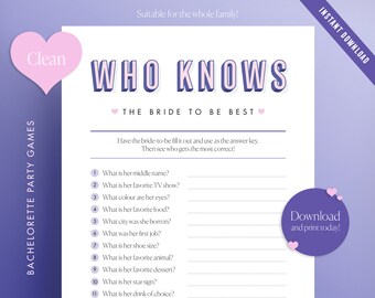 Limpio ¡Quién conoce a la novia para ser mejor imprimible, Juegos de despedida de soltera, Juegos de despedida de soltera! Juego de despedida de soltera imprimible Descargar PDF