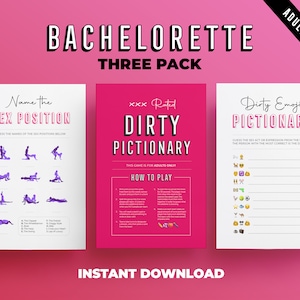 Bachelorette Party Printable Three Pack | Dirty Pictionary | Dirty Emoji Pictionary | Sex Position Game | Hen Party Instant Download | R18