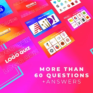 May include: A colorful graphic design with the text "The Ultimate Logo Quiz" and "More Than 60 Questions + Answers". The design features a pink background with a blue and turquoise border. The text is in white and black.