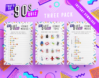 Nineties Quiz Three Pack | Nineties Music Quiz | Nineties Movies Quiz | Nineties Toys Quiz | Printables | Fun 90s Games | Instant Download