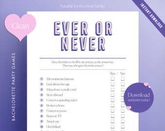¡Juego de despedida de soltera limpia o nunca, juego de despedida de soltera! ¡Juego de bodas con clase, imprimible! Juego divertido de despedida de soltera PDF Descarga instantánea