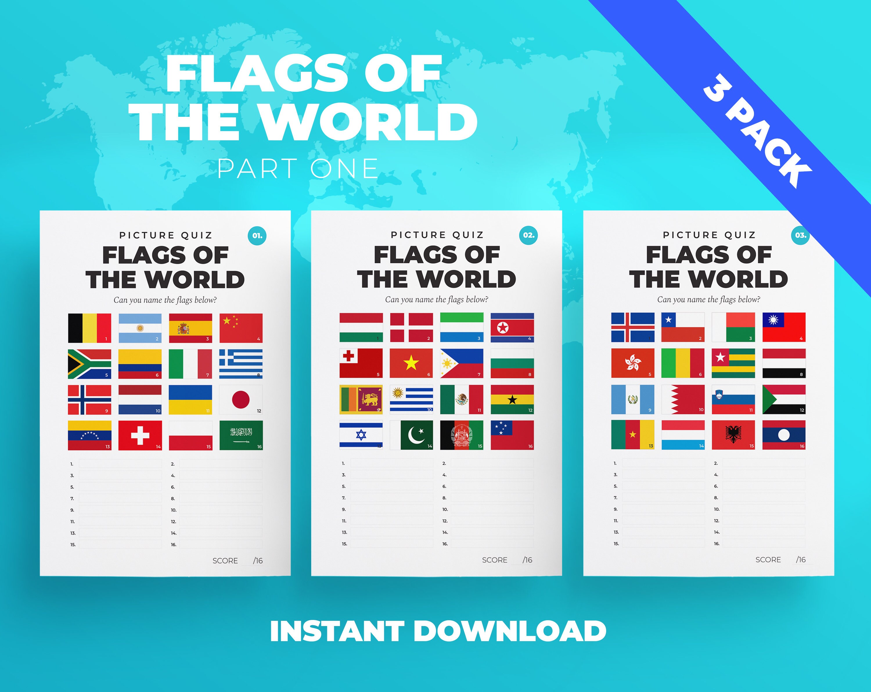 Flags of the World Flag Quiz Learn World Flags Educational Fun Geography School Activity 