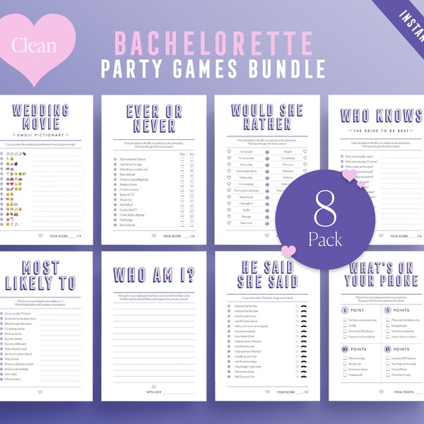 Clean Bachelorette 8 Pack | Bridal Shower Printable Games | Bachelorette Party Games | Hen Party Games | Instant Download | Modern Design