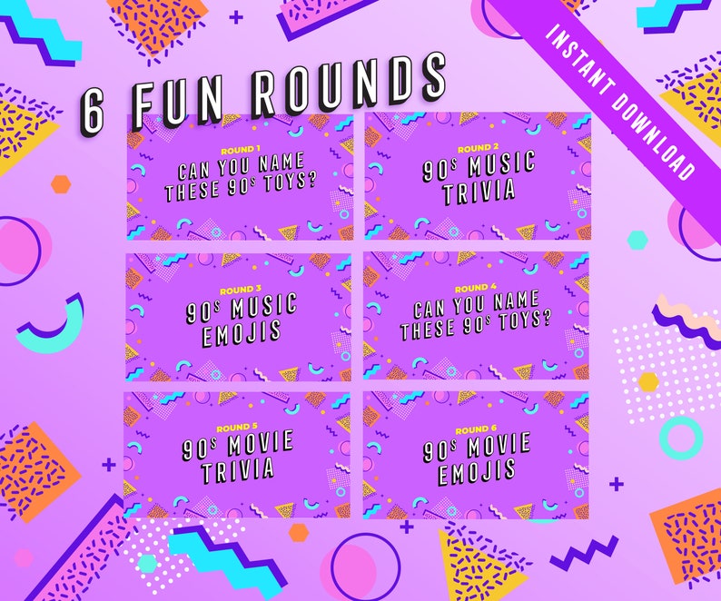 May include: Six colorful digital game cards with a 90s theme. The cards feature different rounds of trivia and emoji games. The text on the cards includes "90s Music Trivia", "90s Movie Trivia", "Can you name these 90s toys?" and "90s Music Emojis".