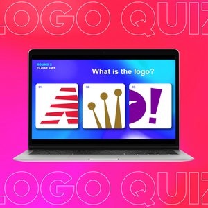 May include: A laptop screen displaying a logo quiz game. The screen shows three logos: a red and white striped letter A, a gold crown with three points, and a purple exclamation point. The text "What is the logo?" is displayed above the logos. The text "Round 2: Close Ups" is displayed at the top of the screen.