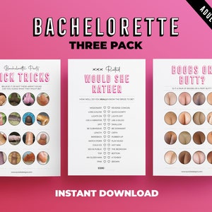 Bachelorette Party Printable Three Pack | Dick Tricks | Would She Rather | Boobs or Butt | Hen Party Download | Dirty Games R18 | Hen ideas