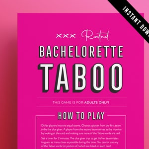 Op de afbeelding: Roze bedrukbare spelkaart met de tekst "xxx Rated Bachelorette Taboo" en instructies voor een volwassenenpartyspel. De tekst "Dit spel is alleen voor volwassenen!" is in zwart gedrukt.