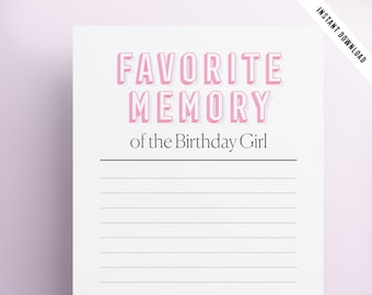 Favorite Memory of the Birthday Girl Printable | she/her Birthday | Adult Birthday Games | Birthday Game | Instant Download | Modern Design