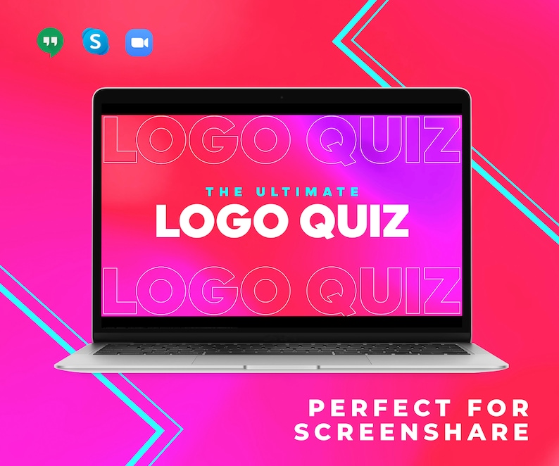May include: A laptop computer screen displaying a pink and purple gradient background with the text "LOGO QUIZ THE ULTIMATE LOGO QUIZ LOGO QUIZ" in white outlined text. The text "PERFECT FOR SCREENSHARE" is displayed in white text on a pink background below the laptop.
