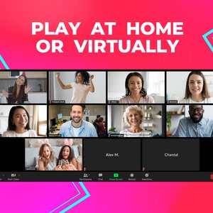 May include: A screenshot of a video call with multiple participants. The call is titled "Play at Home or Virtually". The participants are in individual video squares, and some are wearing party hats and bunny ears. The call controls include "Unmute", "Start Video", "Participants", "Chat", "Share Screen", "Record", "Reactions", and "Leave".