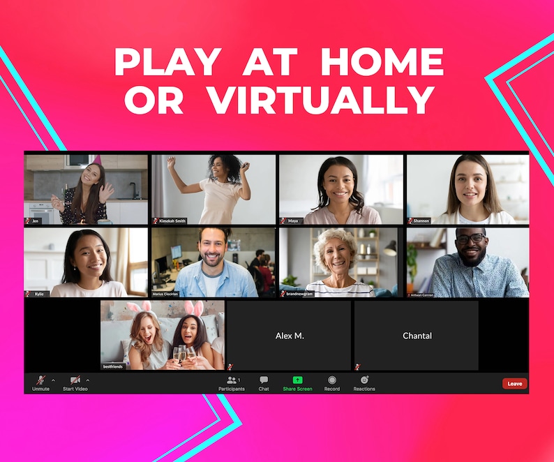 May include: A screenshot of a video call with multiple participants. The call is titled "Play at Home or Virtually". The participants are in individual video squares, and some are wearing party hats and bunny ears. The call controls include "Unmute", "Start Video", "Participants", "Chat", "Share Screen", "Record", "Reactions", and "Leave".