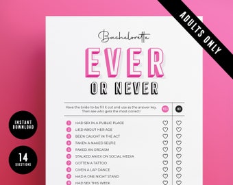 Bachelorette Ever or Never Game, Juegos de despedida de soltera solo para adultos, Juegos de Bachelorette sucios imprimibles, ¿Alguna vez lo ha hecho? Descarga instantánea