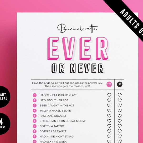 Bachelorette Ever or Never Game, Adults Only Bachelorette Party Games, Dirty Bachelorette Games Printable, Has She Ever, Instant Download