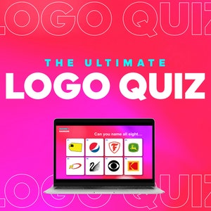 May include: A laptop computer screen displays a logo quiz game with the text "Can you name all eight..." and eight different company logos. The background is a bright pink color with the text "LOGO QUIZ" in white and cyan.