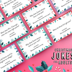 May include: A set of Christmas joke cards with a pink background. Each card has a green and white holly design with a red candy cane. The cards feature Christmas-themed jokes and answers. The text on the cards reads: "What do they do when they want to blow a few bucks?" "What does Mrs. Claus get when she wears tight pants?" "Why does Santa always have a full sack?" "Why did Santa send his daughter to college?" "Why does Santa always land on your roof?" "What do three ho's get you?" The cards are titled "Christmas Jokes for Adults".