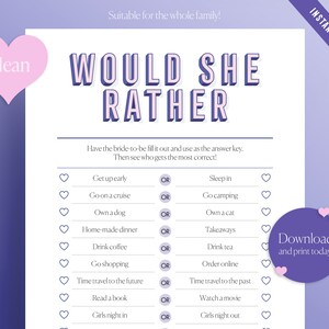 Clean Bachelorette, Bridal Shower Would She Rather Game, Would the bride to be rather questions! Printable Bridal Shower Game PDF Download