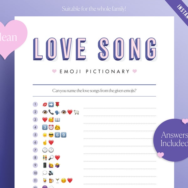 Clean Bachelorette, Love Song Emoji Pictionary Game, Clean Bridal Shower Emoji Game! Guess the Love Songs from the emojis, Instant Download