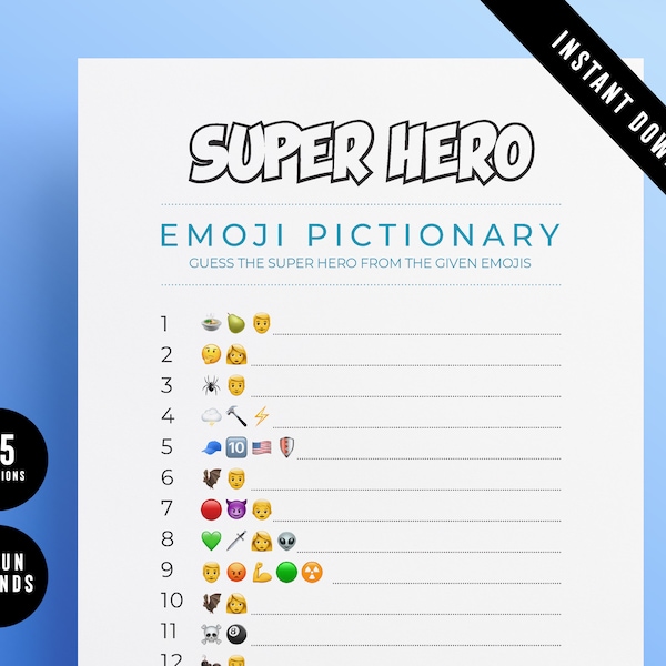 Super Hero Emoji Quiz | Modern Design | Printables | Emoji Pictionary | 3 fun rounds | Marvel | DC Comics | Instant Download | Birthday Fun
