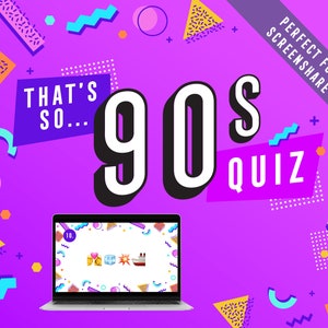 May include: A purple background with colorful geometric shapes and the text "That's So... 90's Quiz" in white and black. A laptop computer with a white screen displaying a quiz question with emojis is in the lower left corner.