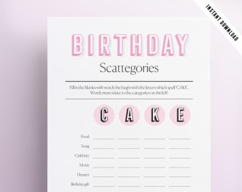Cumpleaños Scattegories Juego imprimible / Juegos de fiesta de cumpleaños / Juegos de cumpleaños para adultos / Descarga instantánea / Diseño moderno / Divertido juego de cumpleaños