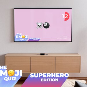 May include: A television screen displaying a game show called "The Emoji Quiz: Superhero Edition". The game show features a skull and crossbones emoji, a black 8-ball emoji, and a timer counting down from 12. The text "Round 1 Heroes Part 2" is also visible on the screen.