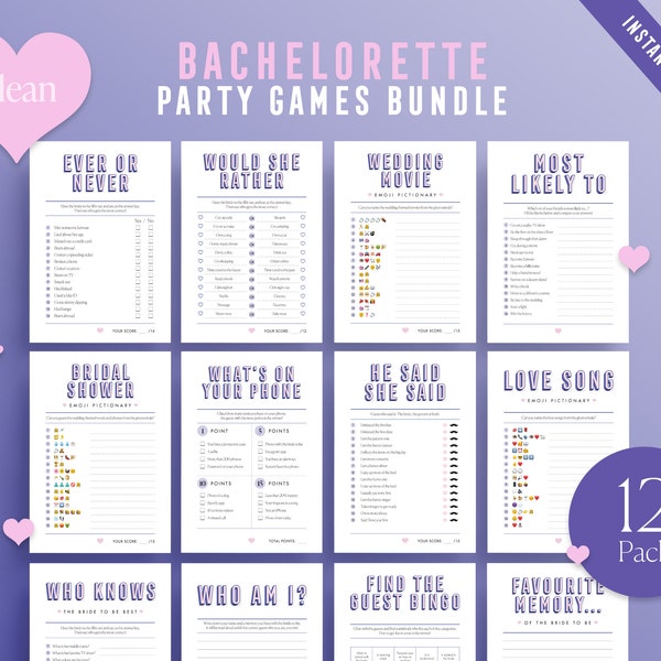 Clean Bachelorette 12 Pack | Bridal Shower Printable Games | Bachelorette Party Games | Hen Party Games | Instant Download | Modern Design