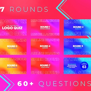 May include: A colorful graphic with the text "7 Rounds" and "60+ Questions" on a pink background. The graphic is divided into seven sections, each with a different color gradient and text describing a round of a logo quiz game. The rounds include "Logo Quiz", "Food Brands", "Airline Brands", "Car Brands", "Miscellaneous", and "Speed Round".