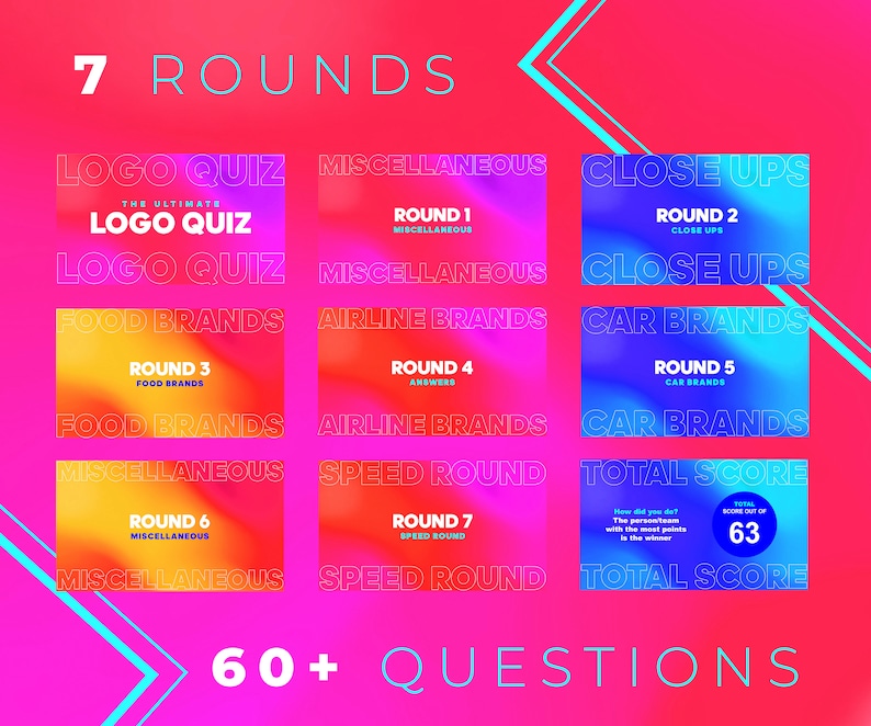 May include: A colorful graphic with the text "7 Rounds" and "60+ Questions" on a pink background. The graphic is divided into seven sections, each with a different color gradient and text describing a round of a logo quiz game. The rounds include "Logo Quiz", "Food Brands", "Airline Brands", "Car Brands", "Miscellaneous", and "Speed Round".