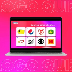 May include: A laptop screen displaying a logo quiz game with eight different logos. The logos include a yellow tag with a letter B, a blue, red, and white Pepsi logo, a red and white Ferrari logo, a green John Deere logo, a red and white Nike logo, a black swan logo, a black and white CBS eye logo, and a red and yellow Kodak logo. The text on the screen reads "Round 1 Random" and "Can you name all eight..."
