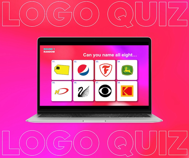 May include: A laptop screen displaying a logo quiz game with eight different logos. The logos include a yellow tag with a letter B, a blue, red, and white Pepsi logo, a red and white Ferrari logo, a green John Deere logo, a red and white Nike logo, a black swan logo, a black and white CBS eye logo, and a red and yellow Kodak logo. The text on the screen reads "Round 1 Random" and "Can you name all eight..."