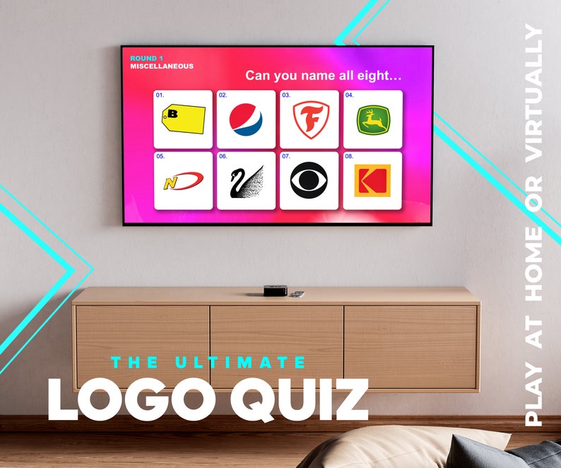May include: A television screen displaying a logo quiz game with the text "ROUND 1 MISCELLANEOUS" and "Can you name all eight..."  The screen shows eight different logos, including a yellow tag with the letter "B", a red and blue Pepsi logo, a red "F" logo, a green John Deere logo, a red and white Nike logo, a black swan logo, a black CBS eye logo, and a red and yellow Kodak logo. The text "THE ULTIMATE LOGO QUIZ" is displayed below the television screen.