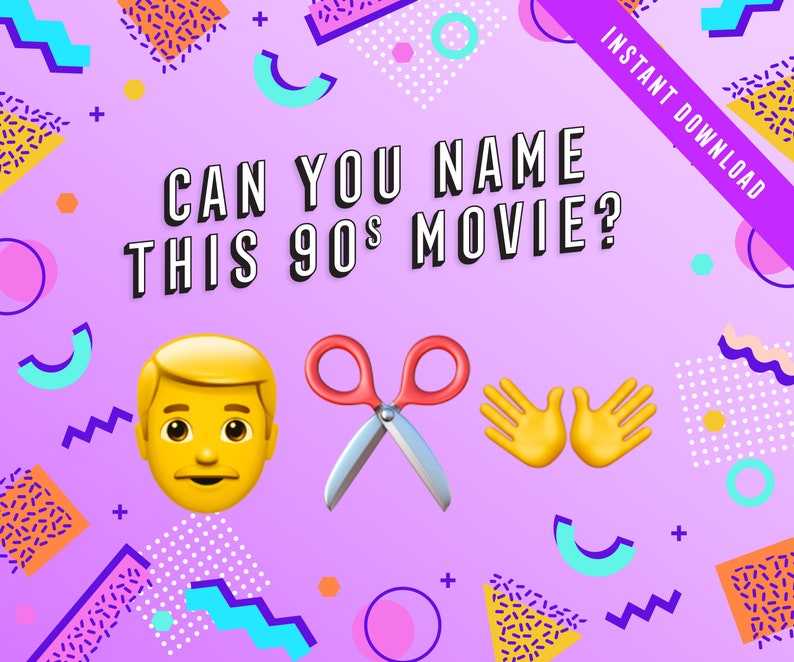 May include: A pink and purple background with a 90s theme. The text "Can you name this 90s movie?" is in the center of the image. There are three emojis: a yellow face with a mustache, a pair of red scissors, and two yellow hands with fingers spread out.