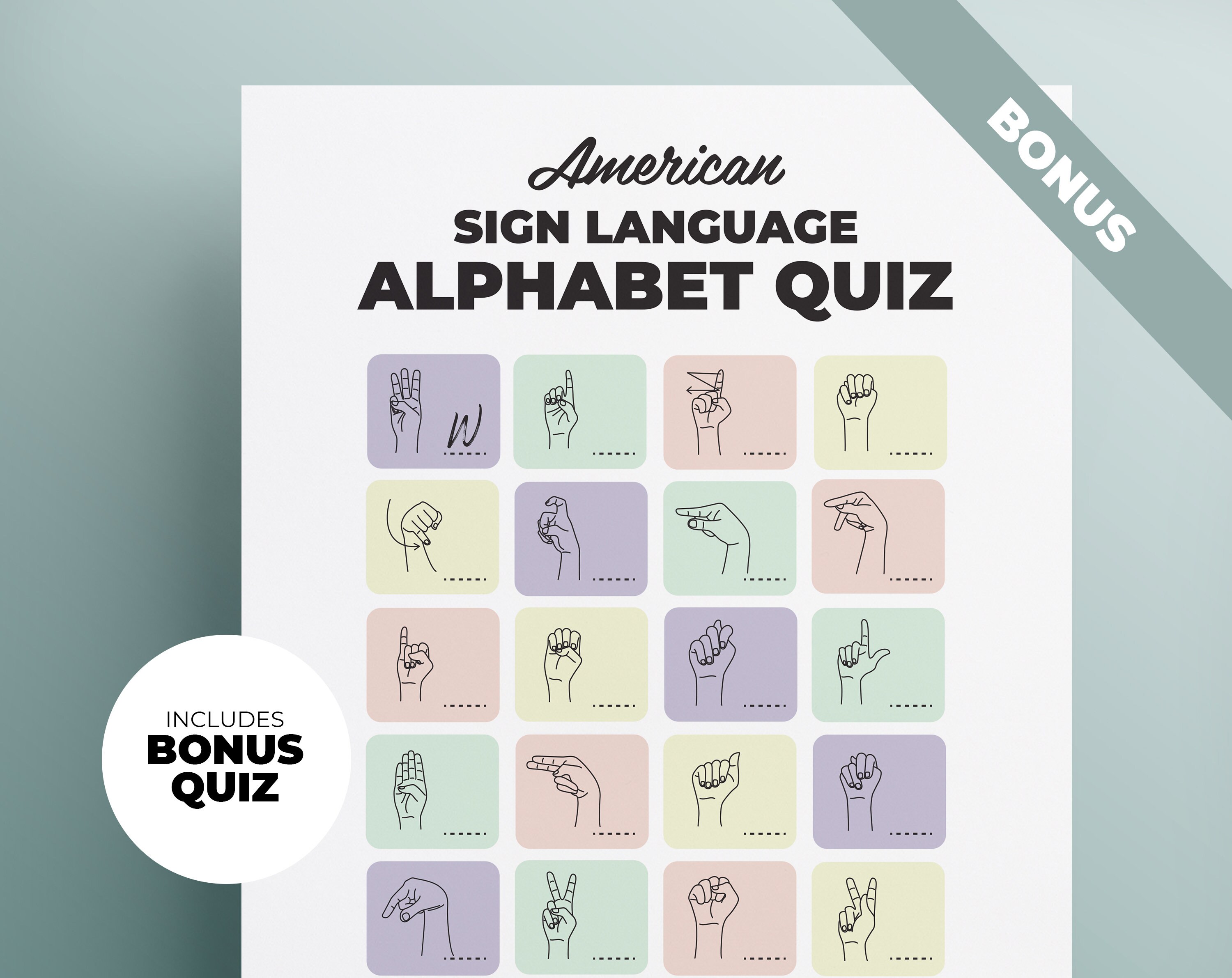 Sign Language Learning Printable | American Sign Language | Bonus Quiz ...